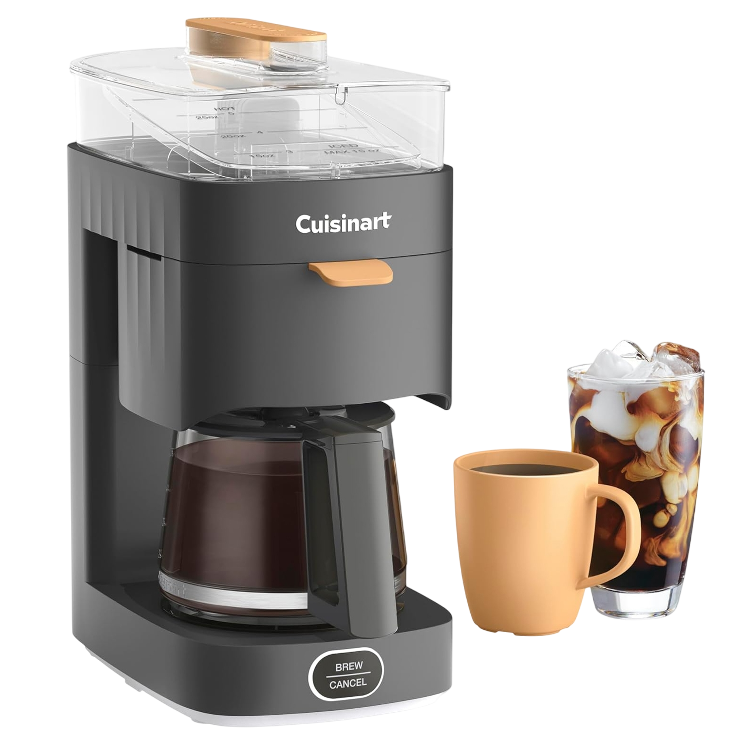 A Cuisinart drip coffee maker with a brew/cancel button, accompanied by a glass of iced coffee and a mug of hot coffee.