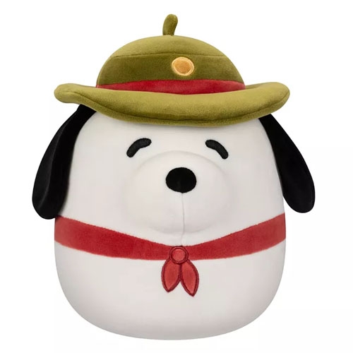A Beagle Scout Snoopy Squishmallow, featuring a white plush dog with black ears, wearing a green scout hat and a red neckerchief, designed for cuddling and collecting.