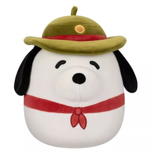A Beagle Scout Snoopy Squishmallow, featuring a white plush dog with black ears, wearing a green scout hat and a red neckerchief, designed for cuddling and collecting.