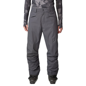 Dark gray snow pants with reinforced knees, side pockets with flaps, and a button and zip closure, designed for snow sports. They pair with black snow boots.