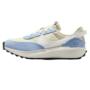 Nike Women's Waffle Debut Shoes feature a vintage-inspired design with a cream and light blue color palette, a white Swoosh, and a textured sole for grip.