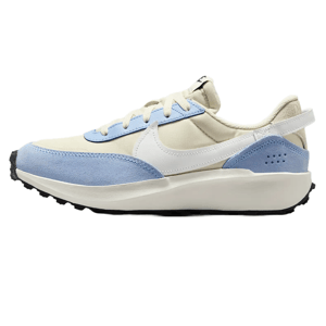 Nike Women's Waffle Debut Shoes feature a vintage-inspired design with a cream and light blue color palette, a white Swoosh, and a textured sole for grip.