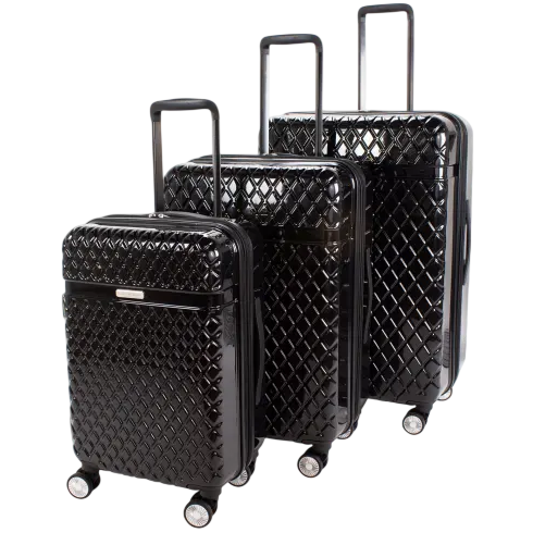 A set of three black suitcases with a quilted pattern, featuring adjustable handles and four spinner wheels.
