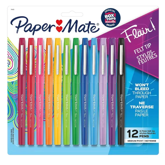 A pack of 12 Paper Mate Flair felt tip pens in assorted colors with medium points.
