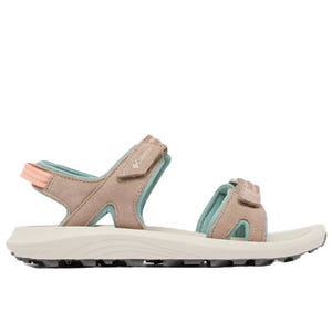 Columbia hiking sandals feature a beige and teal design with adjustable straps and a sturdy sole for traction, suitable for outdoor activities.