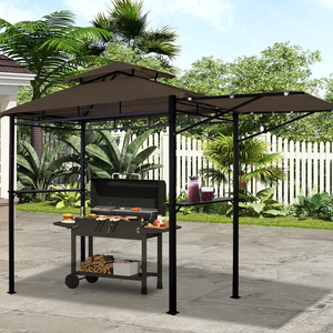A barbecue grill is set under a canopy tent in a backyard, with a variety of food on the grill and shelves holding drinks and accessories.