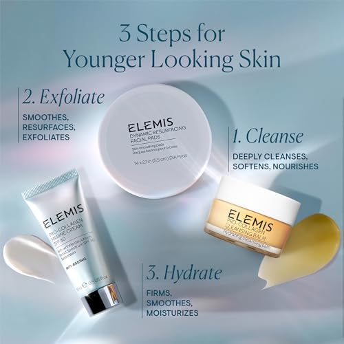 Three ELEMIS skincare products: Dynamic Resurfacing Facial Pads for exfoliating, Pro-Collagen Cleansing Balm for cleansing, and Pro-Collagen Marine Cream for hydrating.