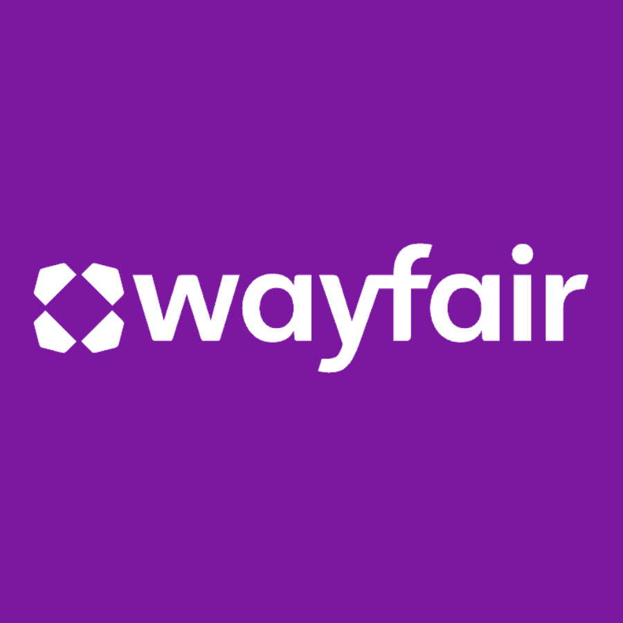 Wayfair logo with a white geometric design on a purple background.