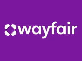 Wayfair logo with a white geometric design on a purple background.