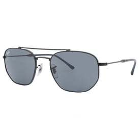 Ray-Ban unisex sunglasses with a sleek black metal frame and irregular blue-tinted lenses, featuring a double bridge and adjustable nose pads for comfort.