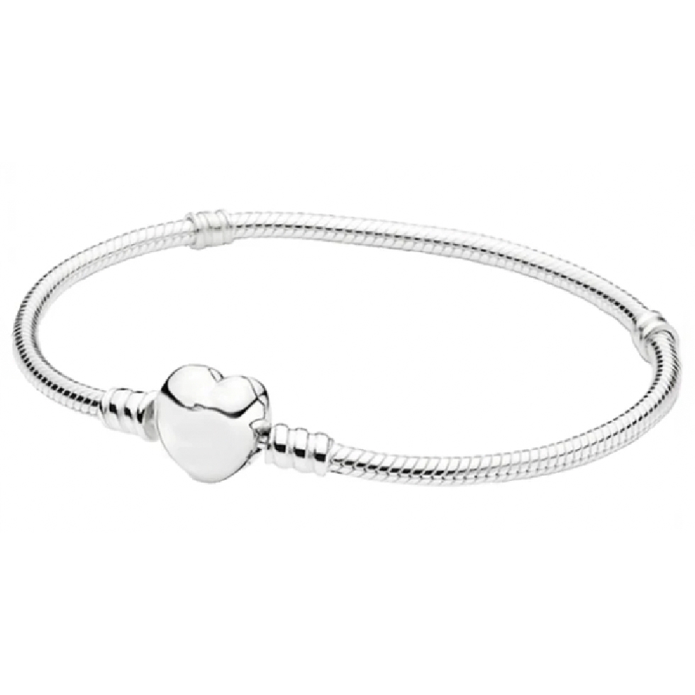 A silver bracelet with a snake chain design features a heart-shaped clasp.