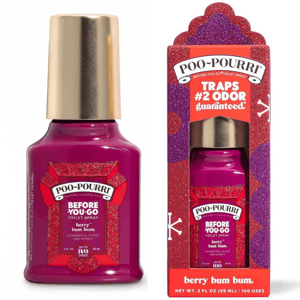 Poo-Pourri Before-You-Go Toilet Spray, Berry Bum Bum scent, 2 fl oz (59 mL), promises to trap odors with cranberry, clove, and peony fragrance for up to 100 uses.