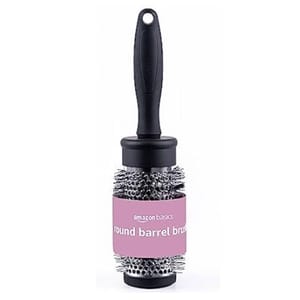 Amazon Basics round barrel brush with a black handle features a cylindrical design ideal for hairstyling, especially blow-drying and adding volume.