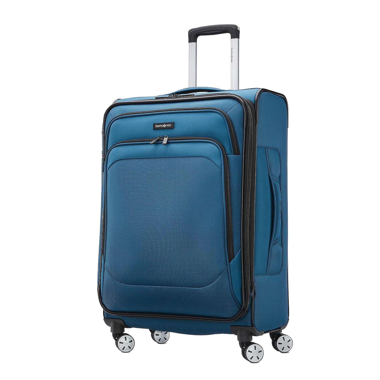 The Samsonite Hyperspin 4 Softside Spinner is a blue suitcase with a retractable handle, four multi-directional wheels, and multiple zippered compartments for organizing travel items.
