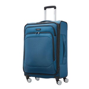 The Samsonite Hyperspin 4 Softside Spinner is a blue suitcase with a retractable handle, four multi-directional wheels, and multiple zippered compartments for organizing travel items.