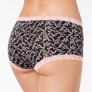 Black microfiber boyshort underwear with a floral print and pink lace trim.