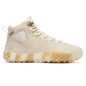 A light beige Merrell hiking boot features a textured, rugged sole with a mix of beige tones, and has a high-top design with mesh and suede detailing.