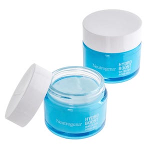 Two jars of Neutrogena Hydro Boost Water Gel, featuring a vibrant blue gel in transparent containers with white lids.