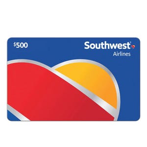 A Southwest Airlines $500 gift card featuring the airline's logo with a colorful heart design on a blue background.