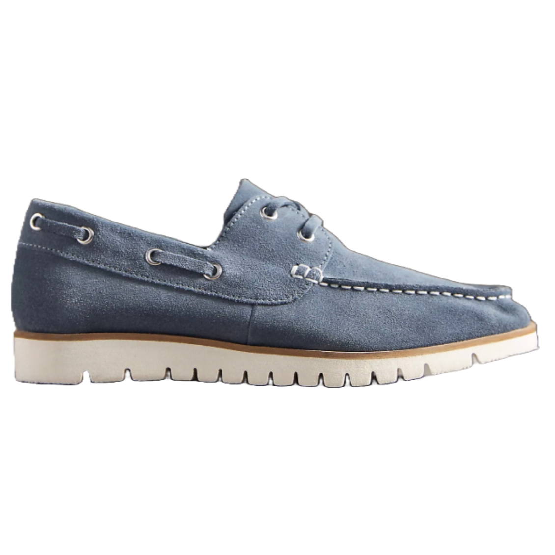 Anthropologie Suede Boat Shoes feature a light blue suede upper with lace-up detailing and stitched accents, sitting on a white and brown ridged sole.