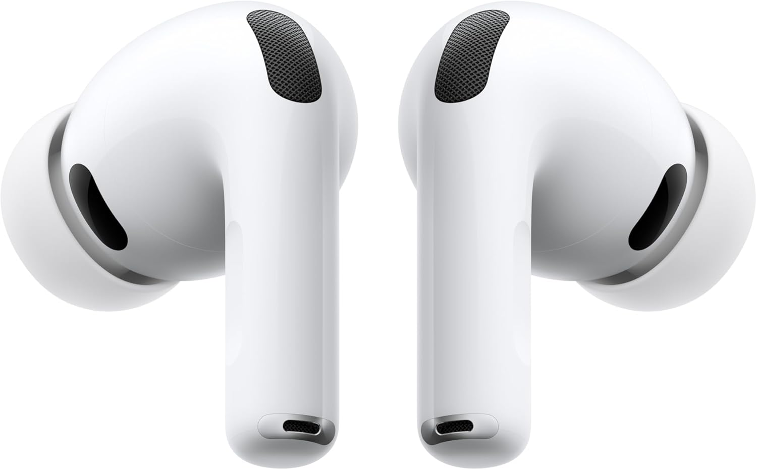 White wireless earbuds with silicone tips, featuring black speaker grilles for audio output and noise isolation.