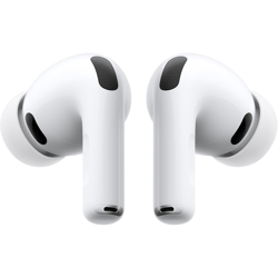 White wireless earbuds with silicone tips, featuring black speaker grilles for audio output and noise isolation.