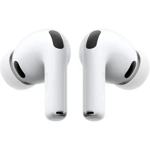 White wireless earbuds with silicone tips, featuring black speaker grilles for audio output and noise isolation.