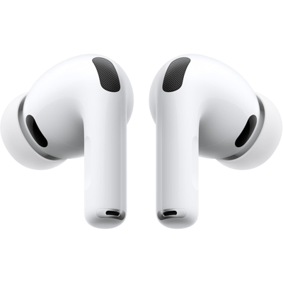 White wireless earbuds with silicone tips, featuring black speaker grilles for audio output and noise isolation.