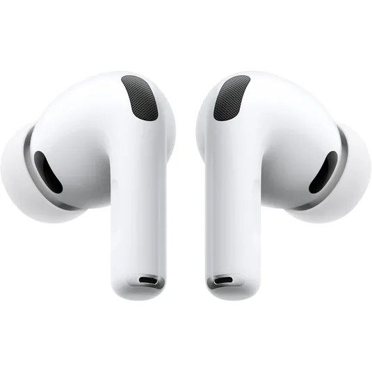 White wireless earbuds with silicone tips, featuring black speaker grilles for audio output and noise isolation.