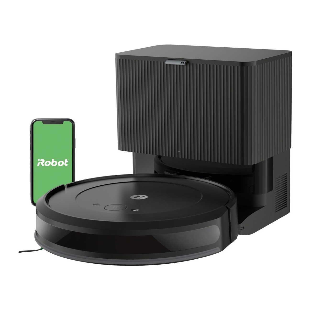 A self-emptying Roomba robot vacuum with a docking station and a smartphone app for remote operation, marked by the iRobot logo.