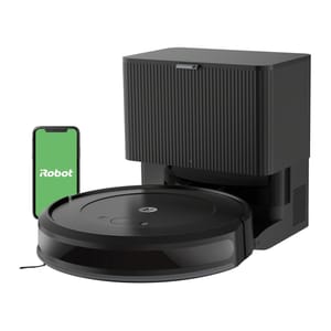 A self-emptying Roomba robot vacuum with a docking station and a smartphone app for remote operation, marked by the iRobot logo.
