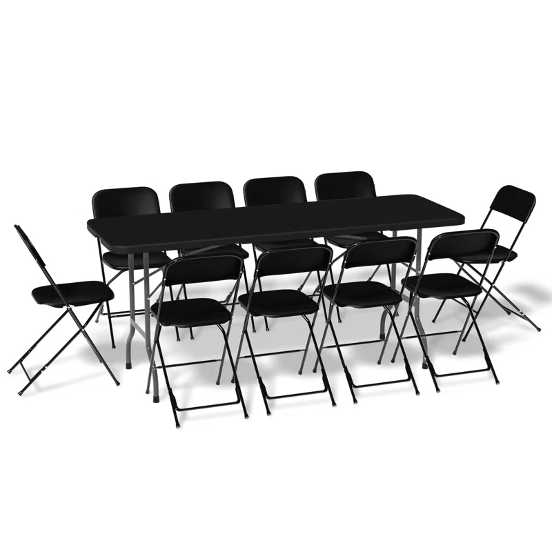 A set of black outdoor folding furniture featuring a long rectangular table surrounded by ten matching foldable chairs.