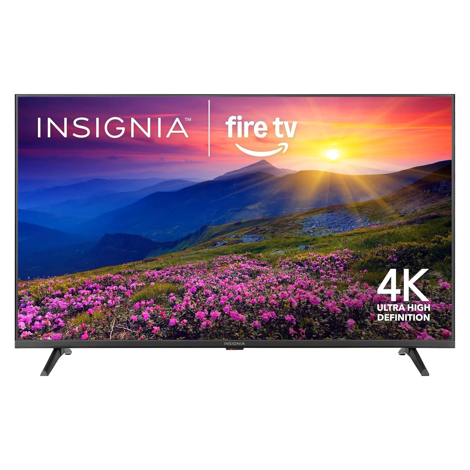 Insignia 4K Ultra High Definition TV with built-in Fire TV functionality, featuring vibrant scenic display.