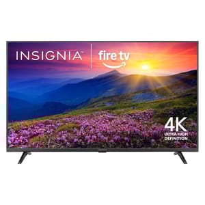 Insignia 4K Ultra High Definition TV with built-in Fire TV functionality, featuring vibrant scenic display.