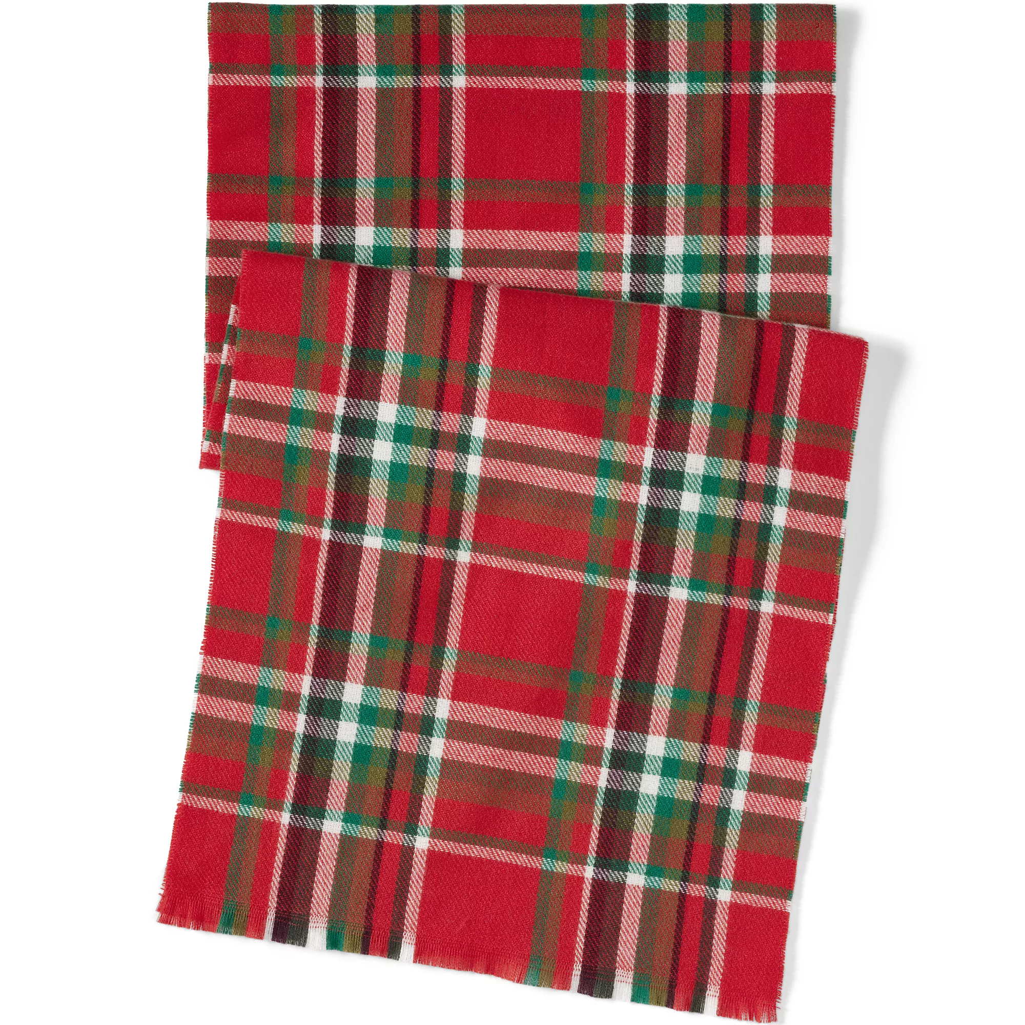 Red tartan plaid fabric with a pattern of intersecting green, white, and brown lines, creating a traditional Scottish design.