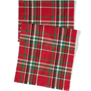 Red tartan plaid fabric with a pattern of intersecting green, white, and brown lines, creating a traditional Scottish design.