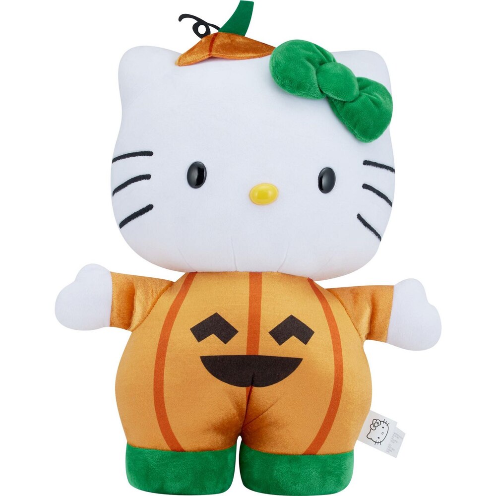 A plush toy of a white cat character wearing an orange pumpkin costume with a green bow and matching feet.