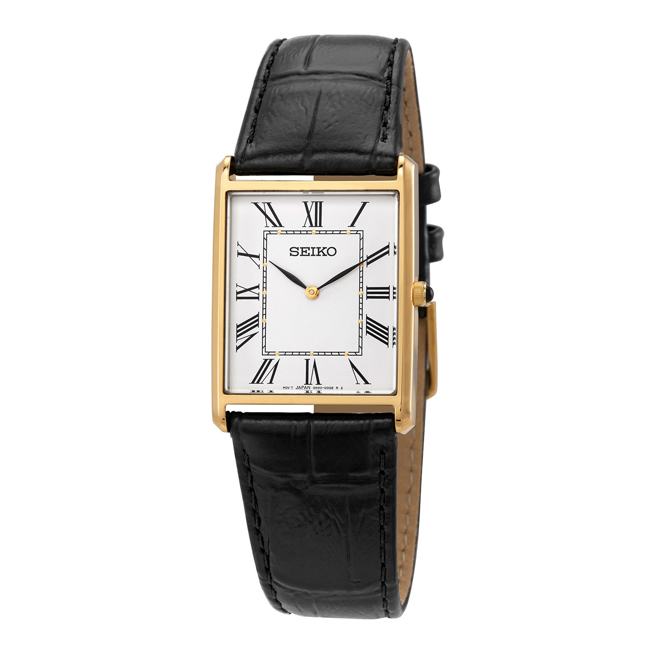 A rectangular gold-tone Seiko watch with a black leather strap and a white dial featuring Roman numerals.