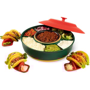 Heated Taco Tuesday Lazy Susan Set is a circular serving dish with sections for taco toppings like meat, cheese, guacamole, onions, and lettuce, featuring taco holders with sauce compartments.