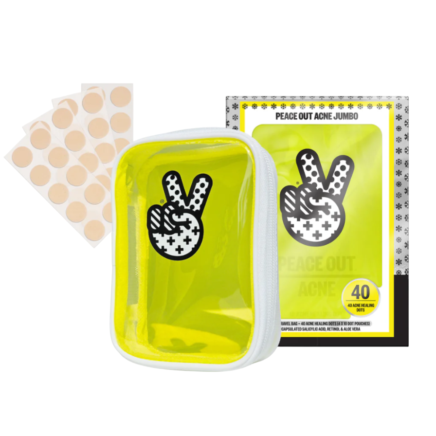 Acne healing dots set featuring 40 patches with encapsulated salicylic acid, retinol, and aloe vera, accompanied by a yellow zippered travel bag.