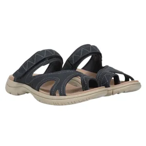 A pair of navy-blue casual slip-on sandals with cut-out patterns and beige soles, featuring contrast stitching and comfortable arch support.
