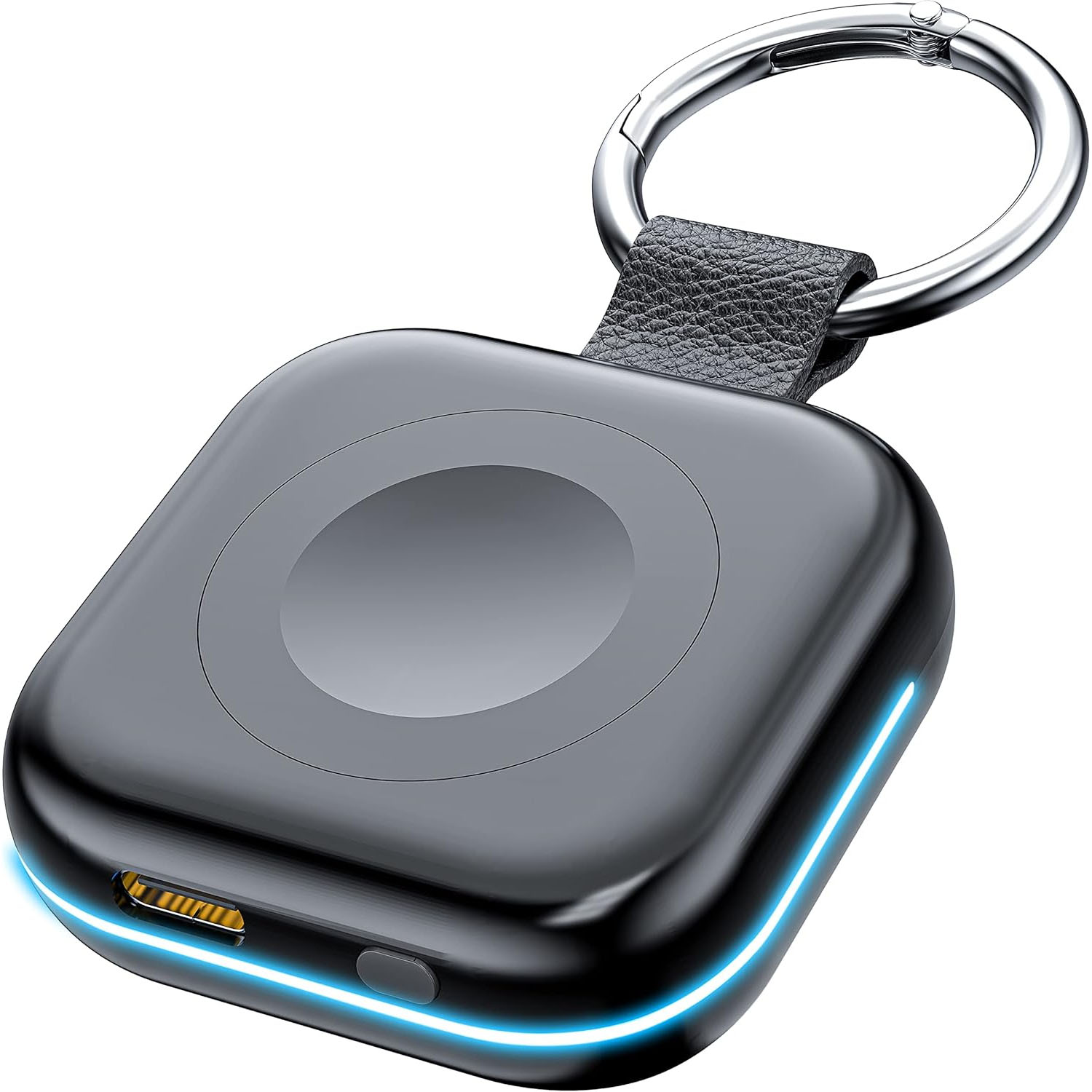 A compact, portable wireless charger with a keyring attachment, featuring a sleek black design and LED indicator light, suitable for on-the-go charging needs.