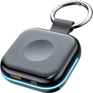 A compact, portable wireless charger with a keyring attachment, featuring a sleek black design and LED indicator light, suitable for on-the-go charging needs.
