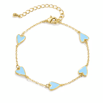 Gold bracelet with light blue heart-shaped charms evenly spaced along the chain; features an adjustable clasp.