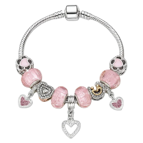 A silver charm bracelet features pink heart-shaped charms and beads, adorned with sparkling details and a prominent dangling heart charm.