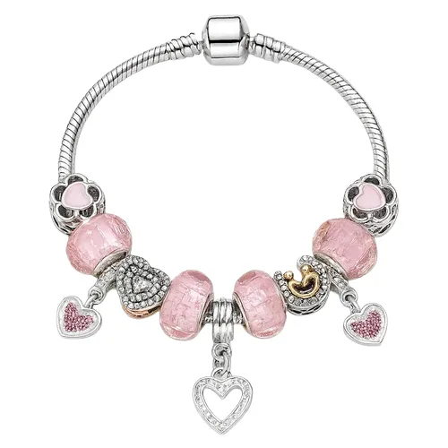 A silver charm bracelet features pink heart-shaped charms and beads, adorned with sparkling details and a prominent dangling heart charm.