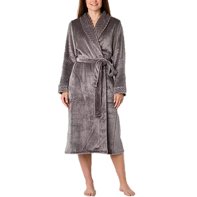 Liz Claiborne Fleece Robe features a soft gray fabric with a shawl collar, long sleeves, and a tie belt at the waist. It includes a textured collar and two front pockets, extending to mid-calf length.