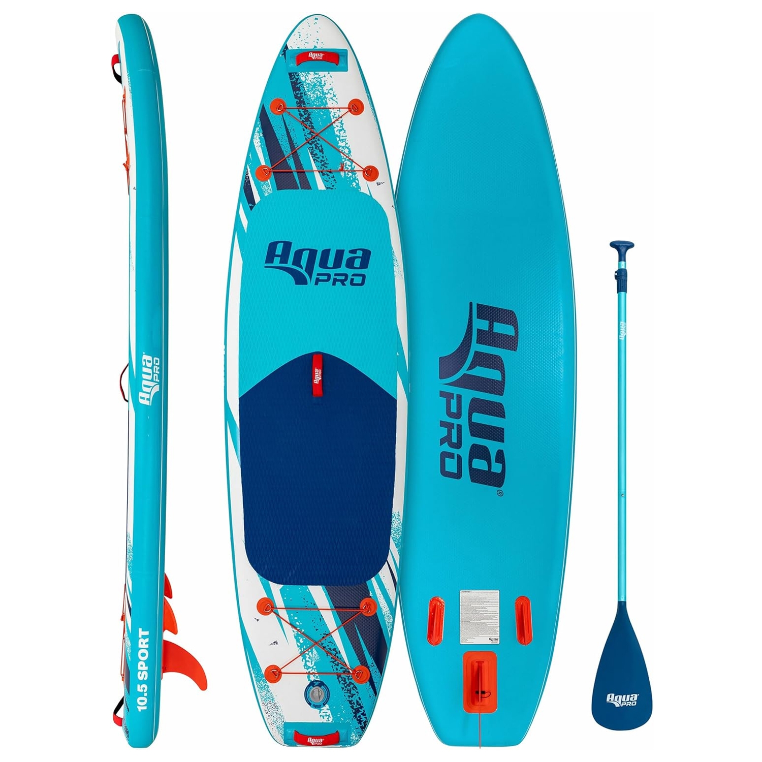 Aqua Pro inflatable paddleboard in turquoise with blue accents, featuring an anti-slip pad, elastic bungee cords, carry handle, fin setup, and branded paddle.