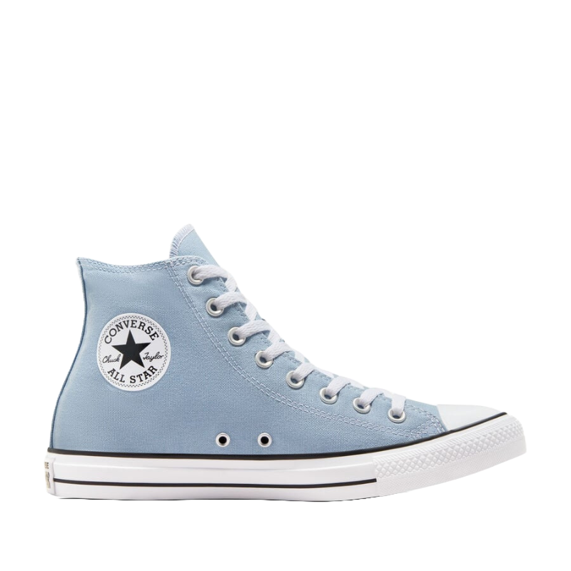 Light blue high-top Converse Chuck Taylor All Star canvas sneakers with white laces and a rubber sole, featuring the classic black and white logo on the side.