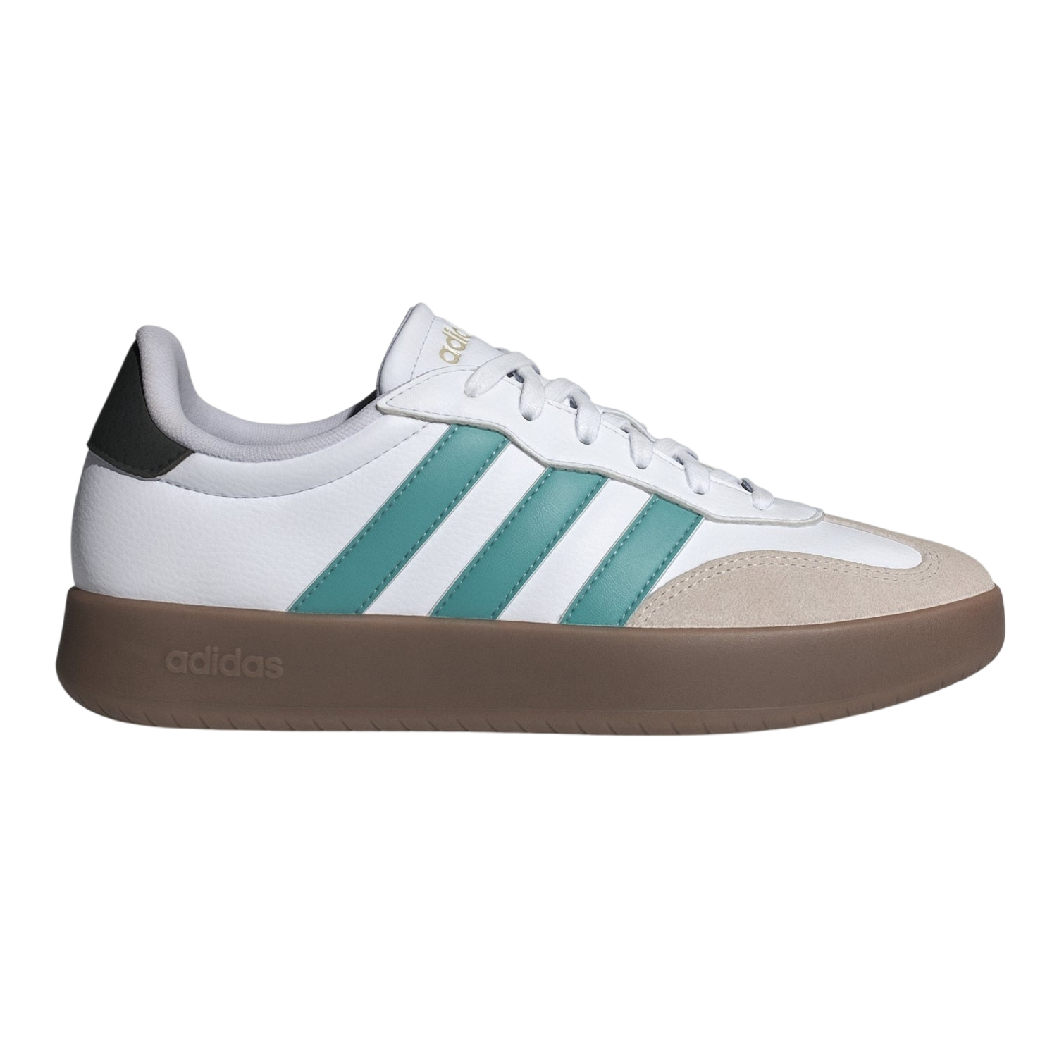 Adidas sneaker featuring white leather with teal stripes, beige suede accents, and a brown sole.